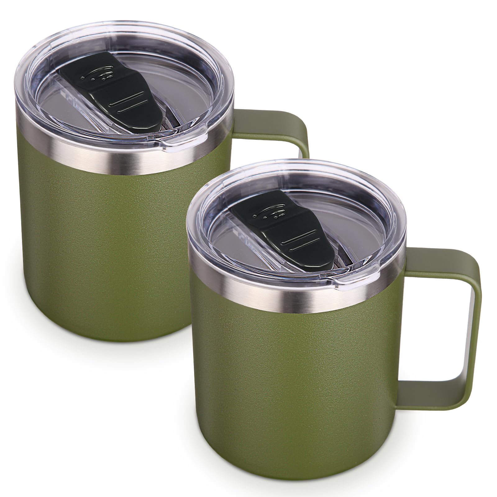 Volhoply 14oz Insulated Stainless Steel Coffee Mug with Lid Bulk 2 Pack,Double Wall Vacuum Travel Coffee Cup with Handle,Reusable Metal Tumbler,Camping Mugs Keep Hot,Christmas Gifts(Army Green,2)