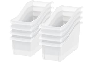 IRIS USA Plastic Book Bin Magazine Holder, 8-Pack, Vertical Standing Connecting Container Box for Office Dorm Study Homework Binder Notebook File Craft Stationery Supplies Organizer Caddy, Clear