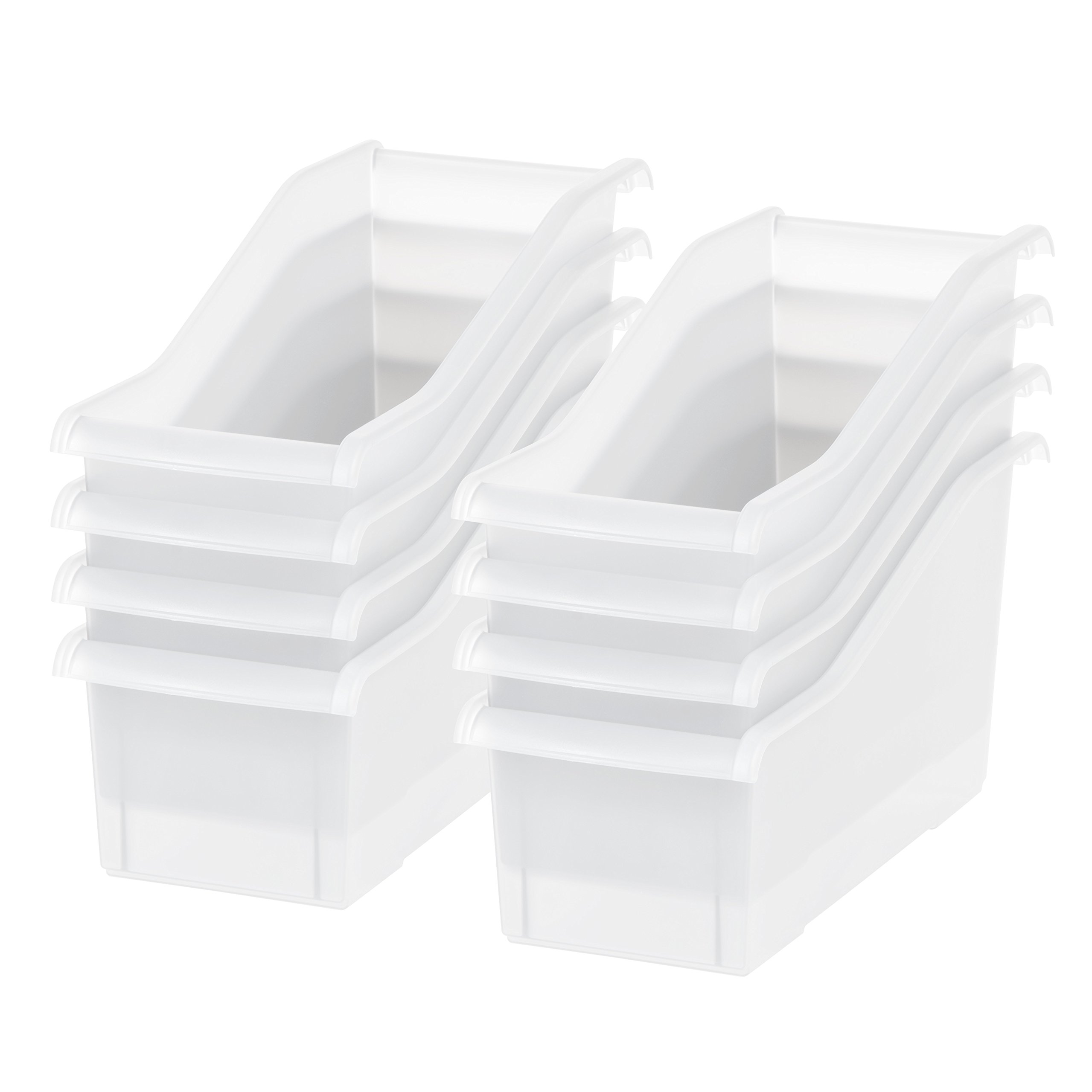 Photo 1 of **ONLY 5 BINS**IRIS USA Plastic Book Bin Magazine Holder, 8-Pack, Vertical Standing Connecting Container Box for Office Dorm Study Homework Binder Notebook File Craft Stationery Supplies Organizer Caddy, Clear