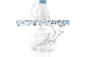 URROMA Blue Flower Wedding Water Bottle Labels, 50Pcs Glossy Waterproof Wrappers Wraparound Label Thank You Stickers for Bridal Shower Birthday