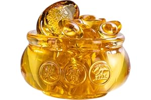AOFEGRLT 3.15" Glass Wealth Bowl with 1 Large & 42 Small Ingots, Golden Treasure Basin Feng Shui Money Bowl for Home Office