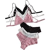 GORGLITTER Women's 3 Pack Lace Matching Bra and Panty Sets Bow Cute Bralette Underwear Lingerie Set