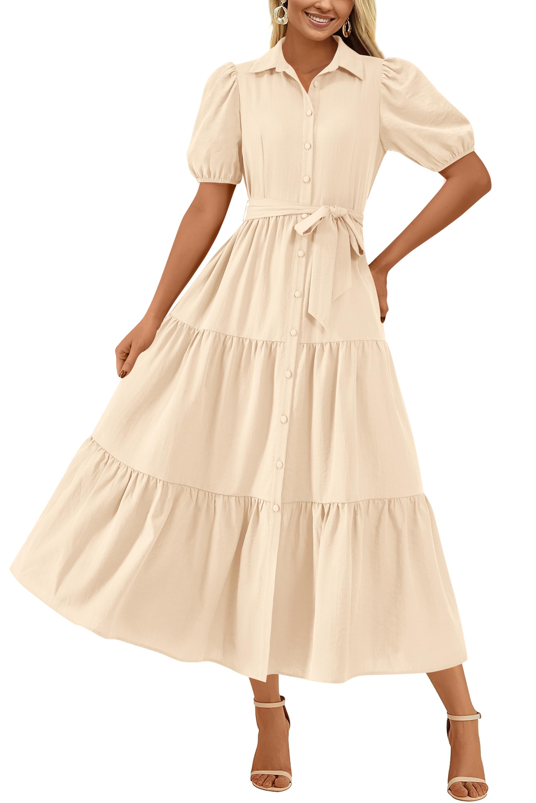 Photo 1 of (MISSING TIE)   MASCOMODA Womens Summer Dresses 2025 Short Sleeve Maxi Dress Casual V Neck Button Down Tiered A Line Flowy Midi Shirt Dress(Beige,Medium)