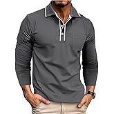 Mens Polo Shirts Long Sleeve Casual Stylish Collared Button Solid Color Golf T Shirts with Pocket