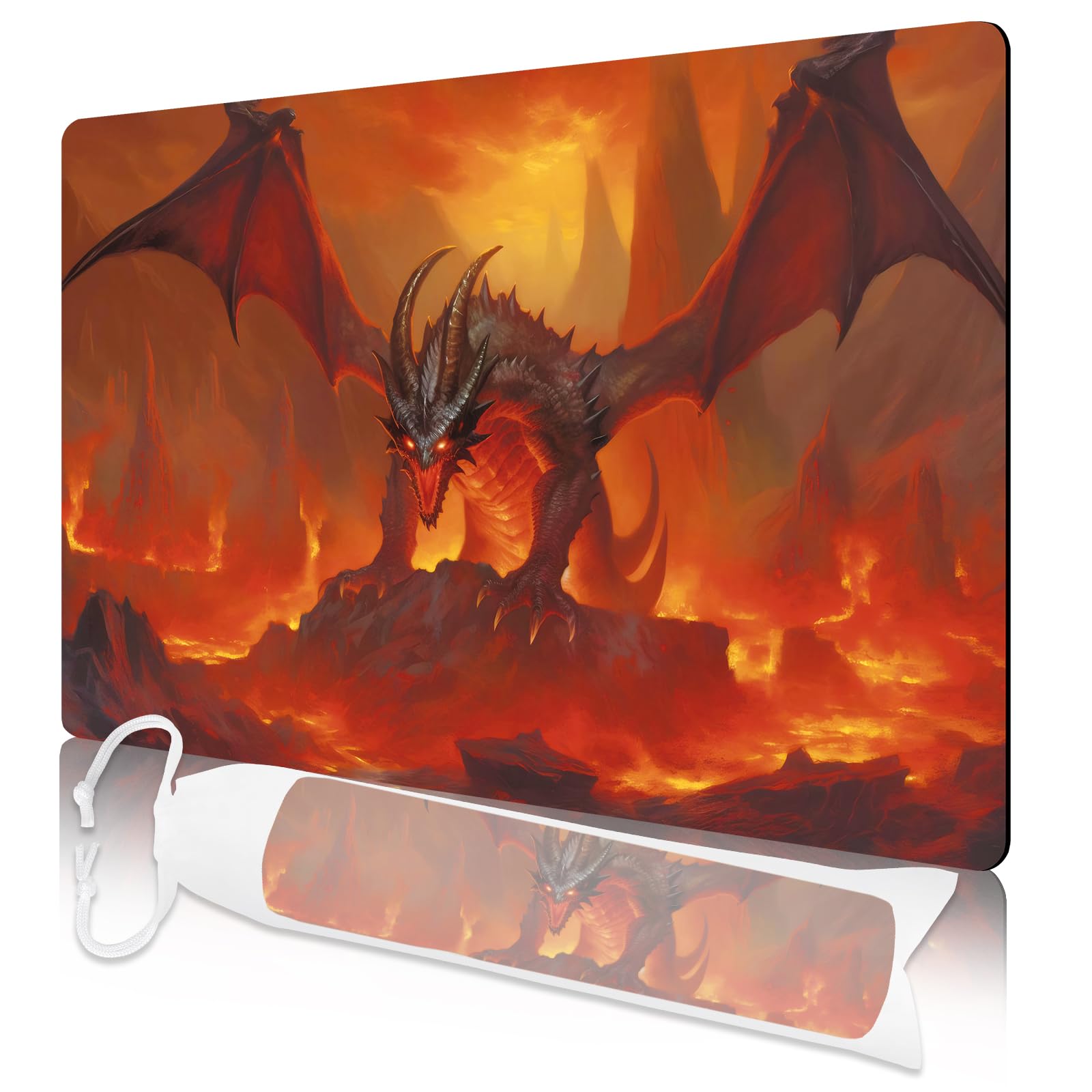 Nkddert MTG Playmat, Playmats for TCG 24" x 14" MTG Play Mat with Free Storage Bag for Cards Game Play Waterproof and Non-Slip Gaming Playmat(Flaming Dragon MTG Playmat)