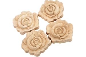 MUXSAM 4-Pack Wooden Onlay Appliques, Rose Flower Carved Detail Molding Decal Rustic European Craft Unpainted for Mirror Dres