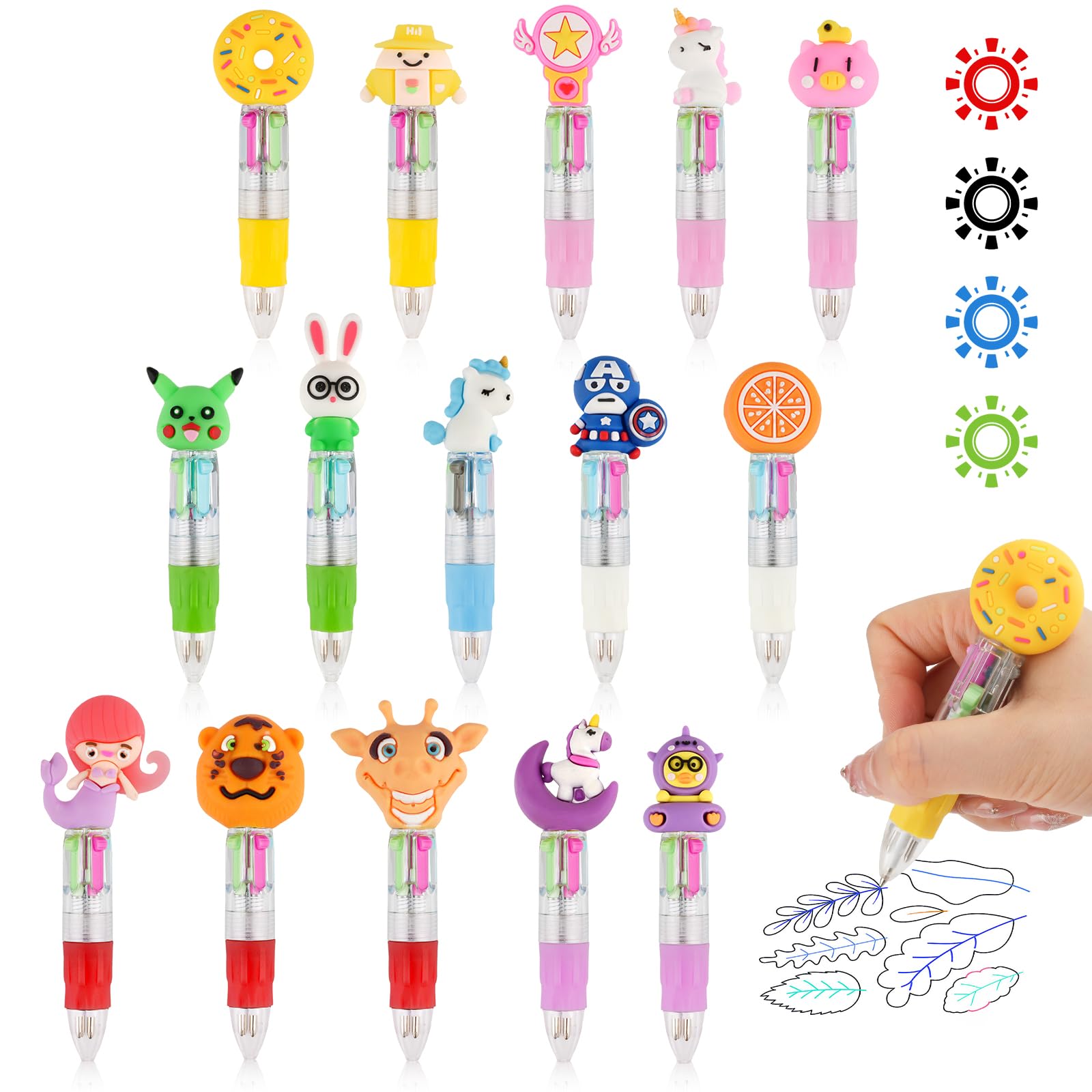 Vaktop 15 PCS Multicoloured Pens, Mini Multi-Coloured Pens All in One with 4-Color Fun Cartoon Mini Retractable Ballpoint Pens, Party Bag Fillers for Kids School & Gifts