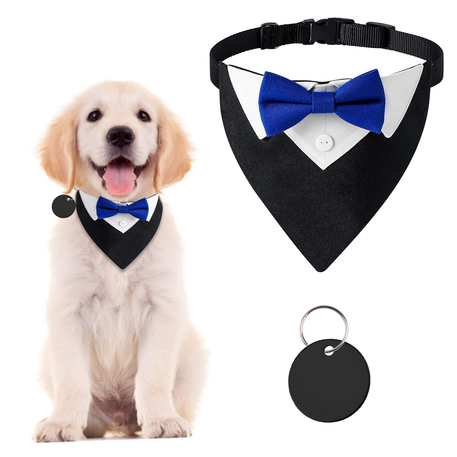 URROMA 1 Piece Formal Dog Tuxedo Bandana, Dog Wedding Collar with Blue Bow Tie Adjustable Black Pet Costume Bowtie Neckerchief for Small Dogs and Cats, S