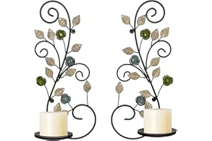 JUCONSIN Wall Sconces Candle Holder Set of 2, Antique White Leaf and Multi-Color Flower Branch Wall Mount Hanging Metal Wall Candle Holder Candle Sconce for Living Room Dining Room