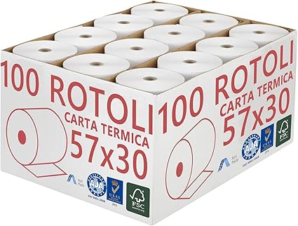 Caja de 100 Rollos térmicos, de 57 mm x 30 m, homologados, para caja registradora: Papel térmico de primera calidad: Amazon.es: Oficina y papelería