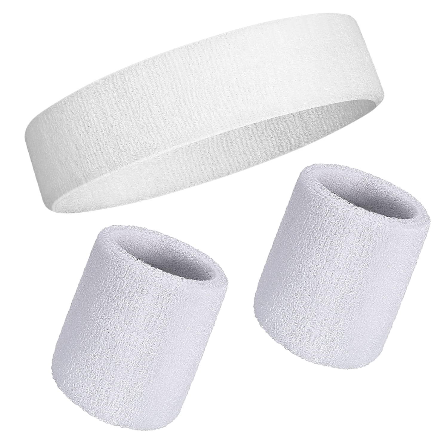 Sweatband Set Wristbands Headbands 3 Pieces Wrist Men Women Sweat Bands for Running Exercise Gym Sports Tennis Basketball Moisture Wicking(Wristbands 3.15 * 3.15 inch)(3PCS-White)