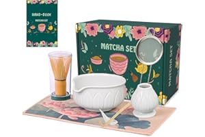 LAYOFE Matcha Whisk Set - 7pcs Japanese Tea Ceremony Kit with Spouted Bowl & Bamboo Whisk, Matcha Starter Kit for Beginners - Authentic Green Tea Accessories, Gift Set for Lovers-White