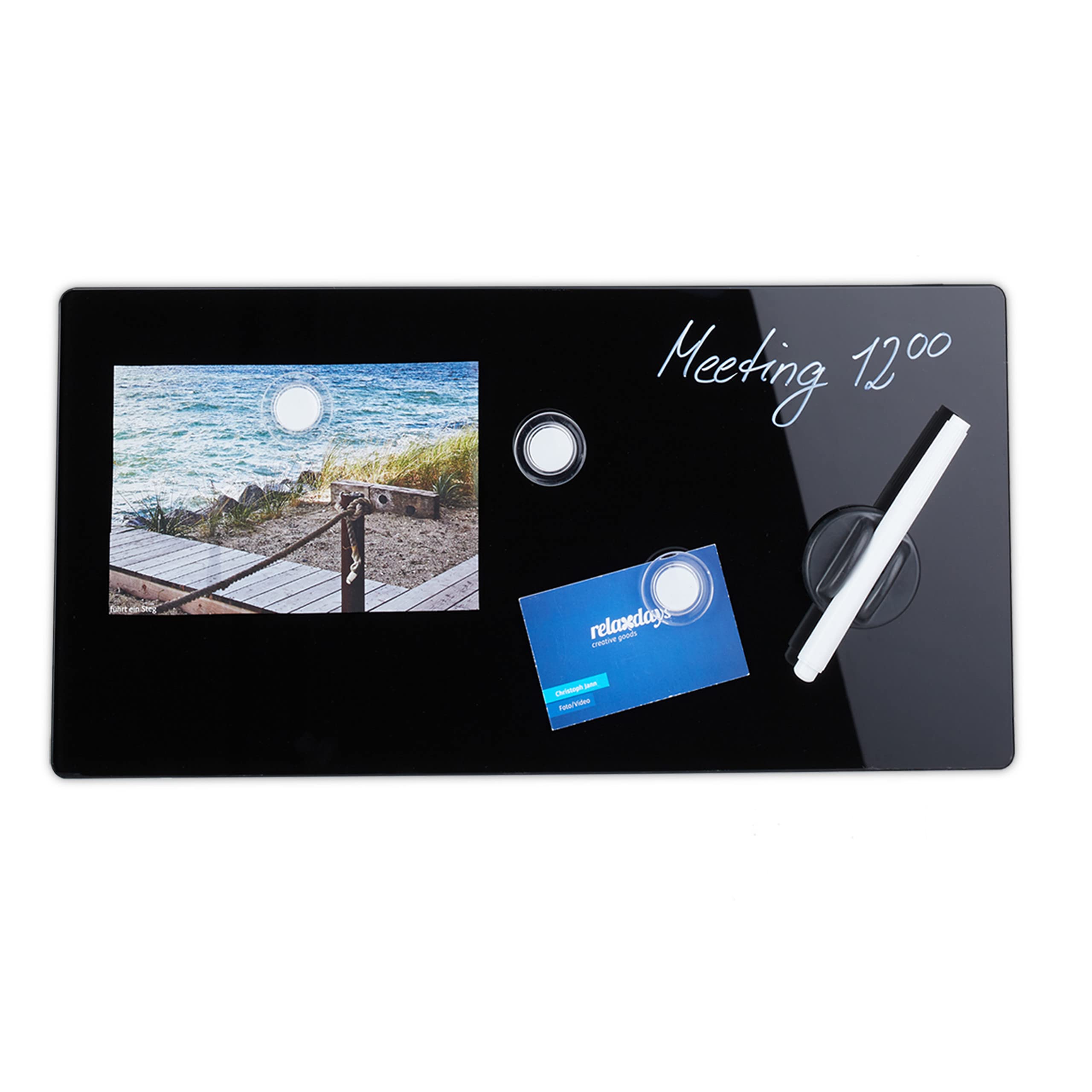 Relaxdays Glass Magnetic Dry Erase Memo Board, Writable, 3 Magnets, Safety Glass Magnet Board 20 x 40 cm, Black
