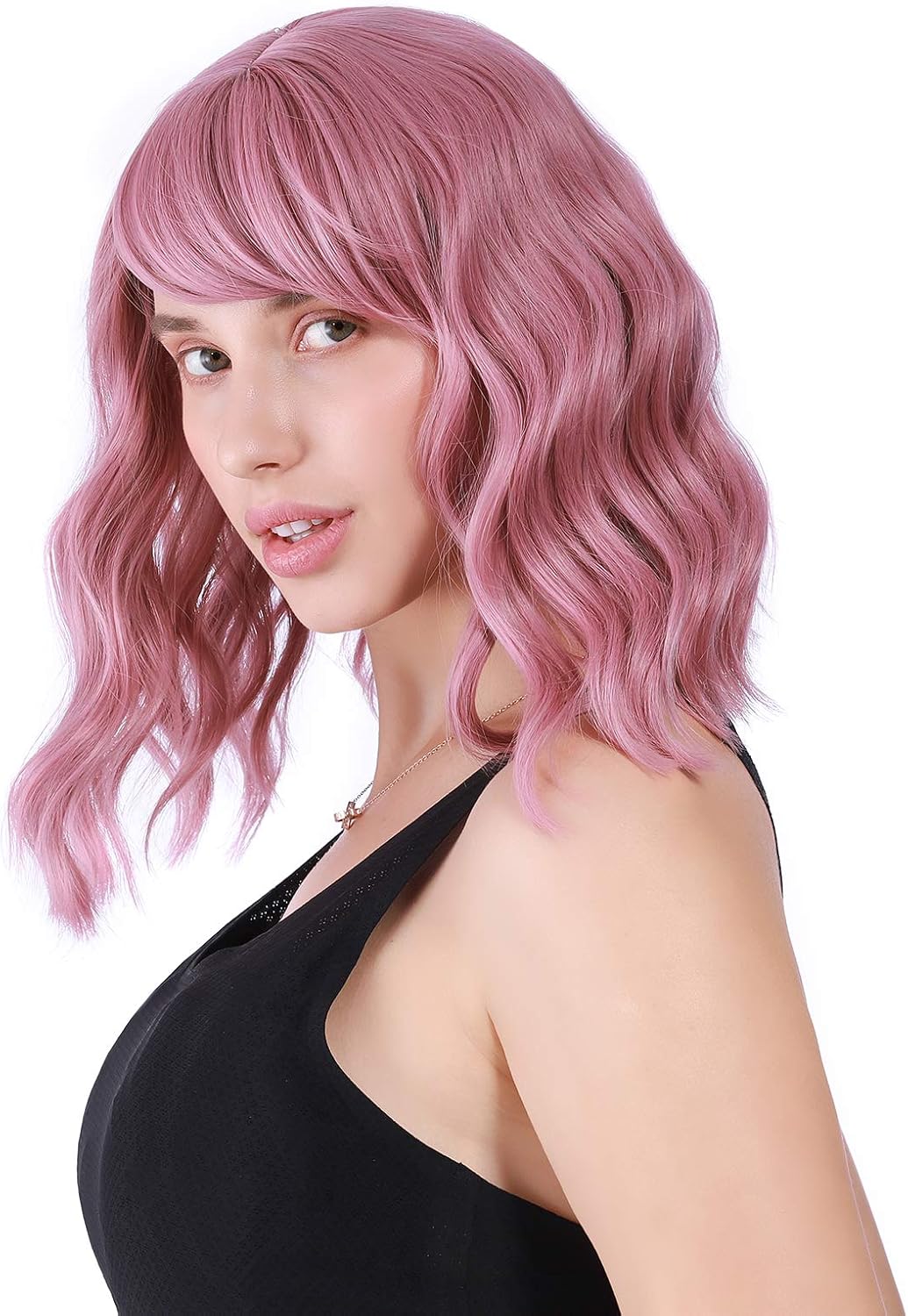 VCKOVCKO Pastel Wavy Wig With Air Bangs Women's Short Bob Purple Pink Wig Curly Wavy Shoulder Length Synthetic Cosplay Colorful Wigs for Girls (12",Purple Pink) - Image 5