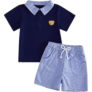 SAYOO Infant Baby Boy Summer Clothes Bear/Letter Embroidery Button Down Polo Shirt Plaid Short Set 3 6 12 18 Months 2T 3T 4T