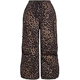 Verdusa Women's Plus Size Leopard Print Cargo Pants Drawstring High Waisted Wide Leg Baggy Trousers