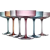 LUXULISH Art Deco Colored Vintage Coupe Glasses, Ribbed Crystal Handmade Martini, Cocktail & Champagne Glasses, Perfect for Dessert, Manhattan, Cosmopolitan, Gimlet, Pisco Sour - 7Oz