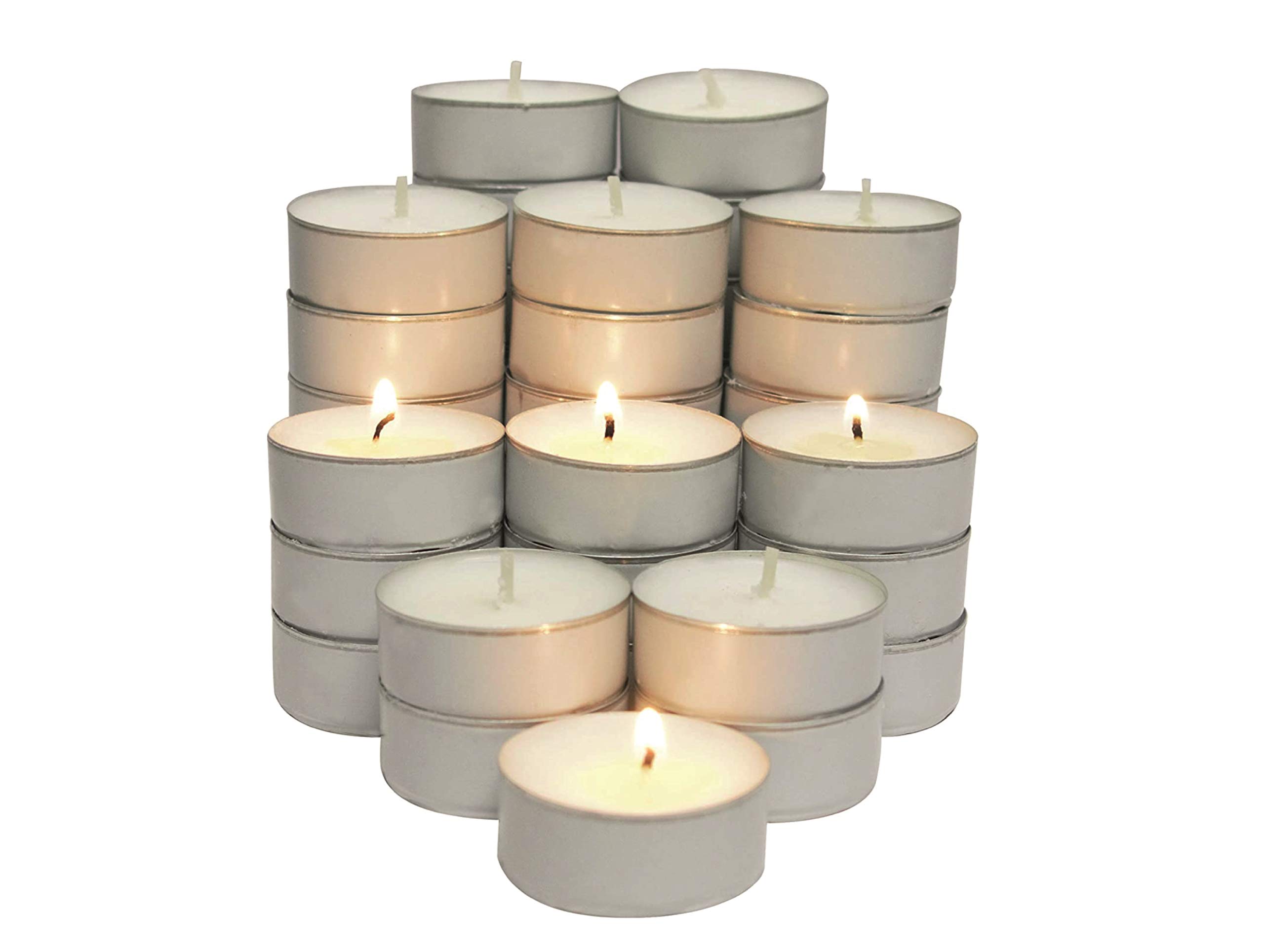ZYBUX Tea Lights Unscented Candles Pack with Metal Cups - 4-Hour Burning White Tealights for Indoor and Outdoor - Tea Light Candle Home Decor, Christmas, Vegan - 3.7cm x 2cm, 20g Each (Bulk 100 Pack)
