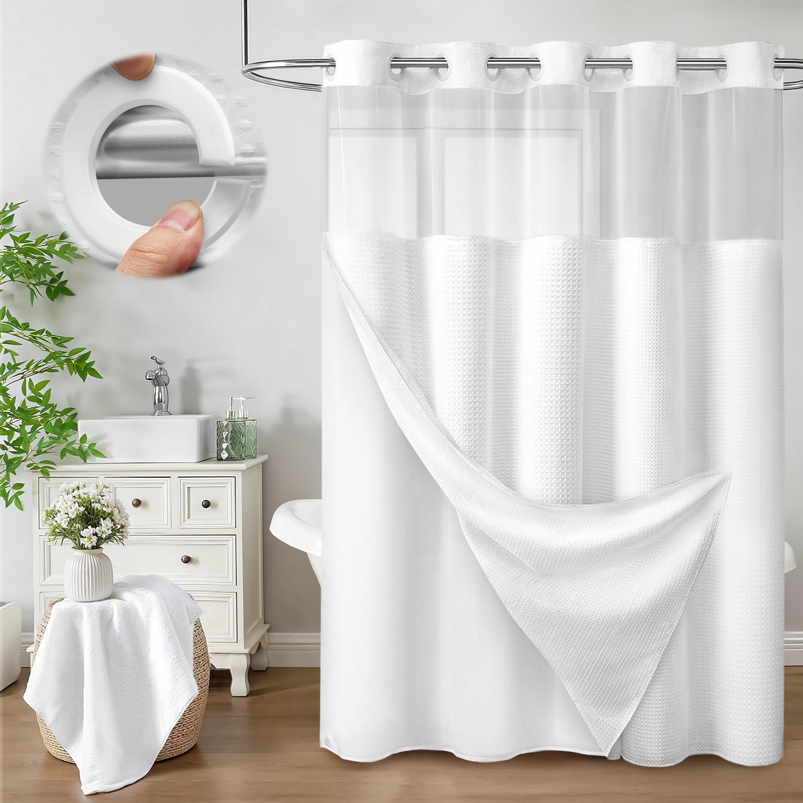 Photo 1 of XOGUIBO No Hook Shower Curtain and Liner Set,White Hotel Waffle Shower Curtain with Liner 75" L x 48" W