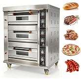 TECHTONGDA Commercial Pizza Oven Gas Heating Triple Deck Pizza Oven Stainless Steel Bread Baking Machine 6 Baking Sheets 110V for Restaurant Kitchen Bakery