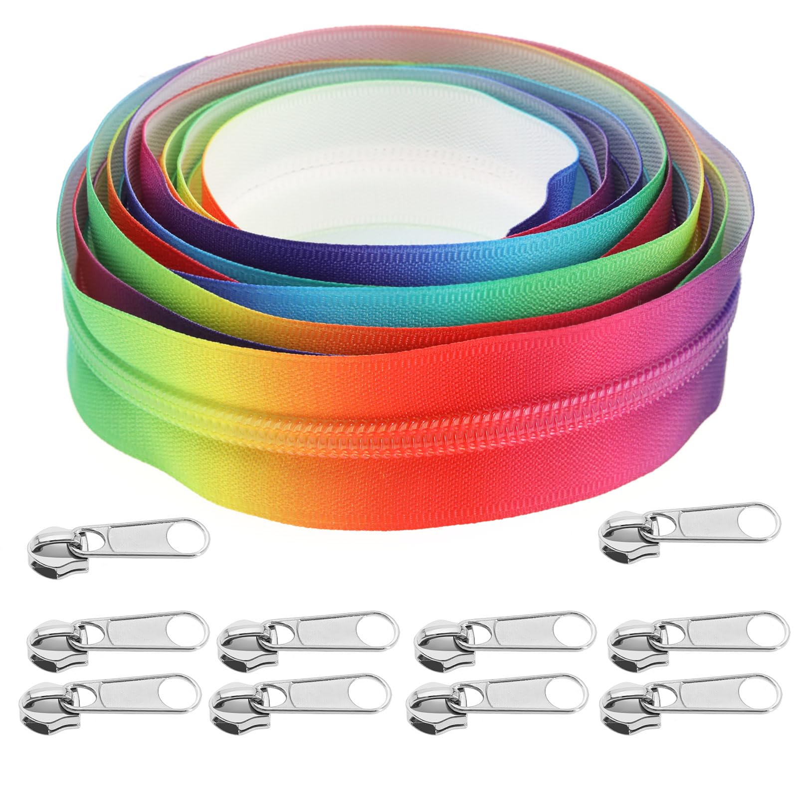OTOTEC #5 Rainbow Zipper Tape 4 Meters Nylon Coil Endless Zippers with 10PCS Silver Zipper Pulls Slider for DIY Sewing Tailor Craft Bags Luggage