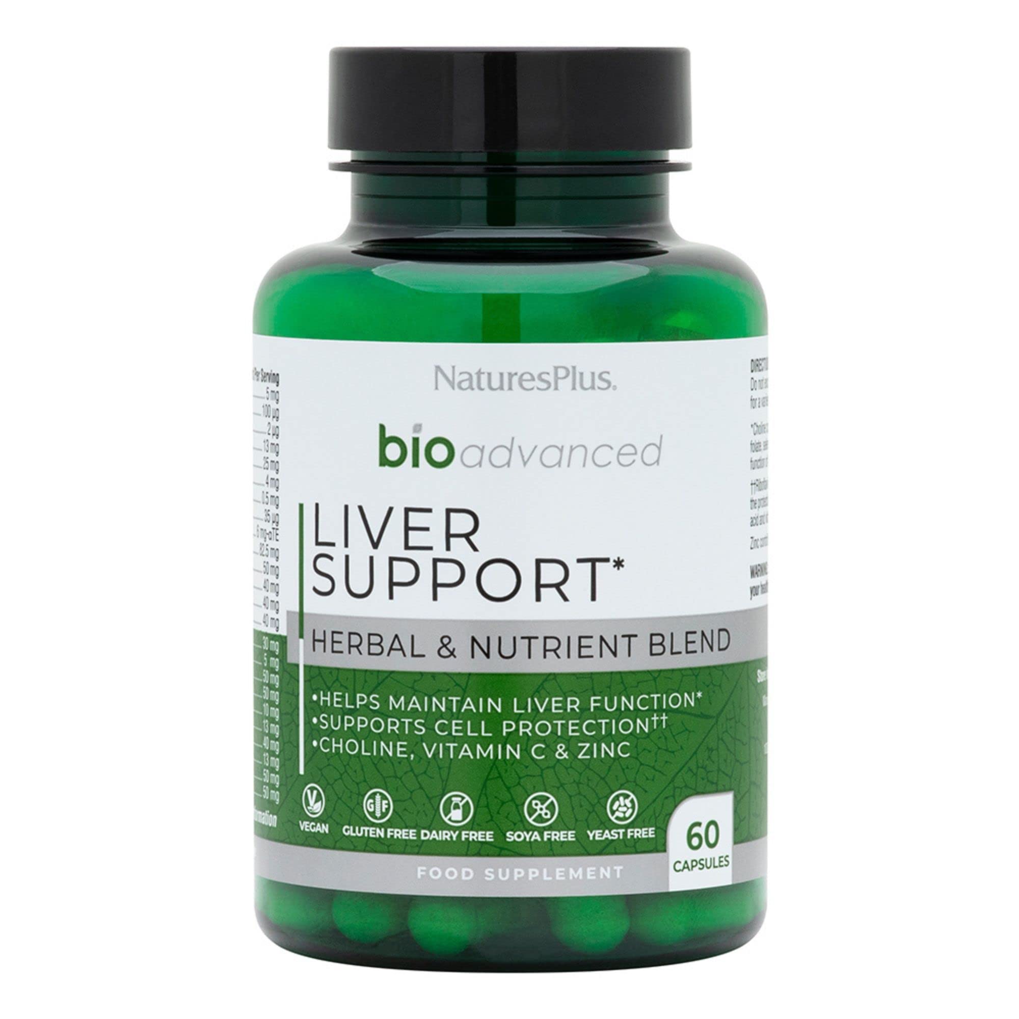 NaturesPlus Bio Advanced Liver Support - Liver Health Supplement with Turmeric, Artichoke, Milk Thistle, Dandelion, Choline and Methyl Bs - Gluten, Dairy and SOYA Free - Vegan, 60 Capsules