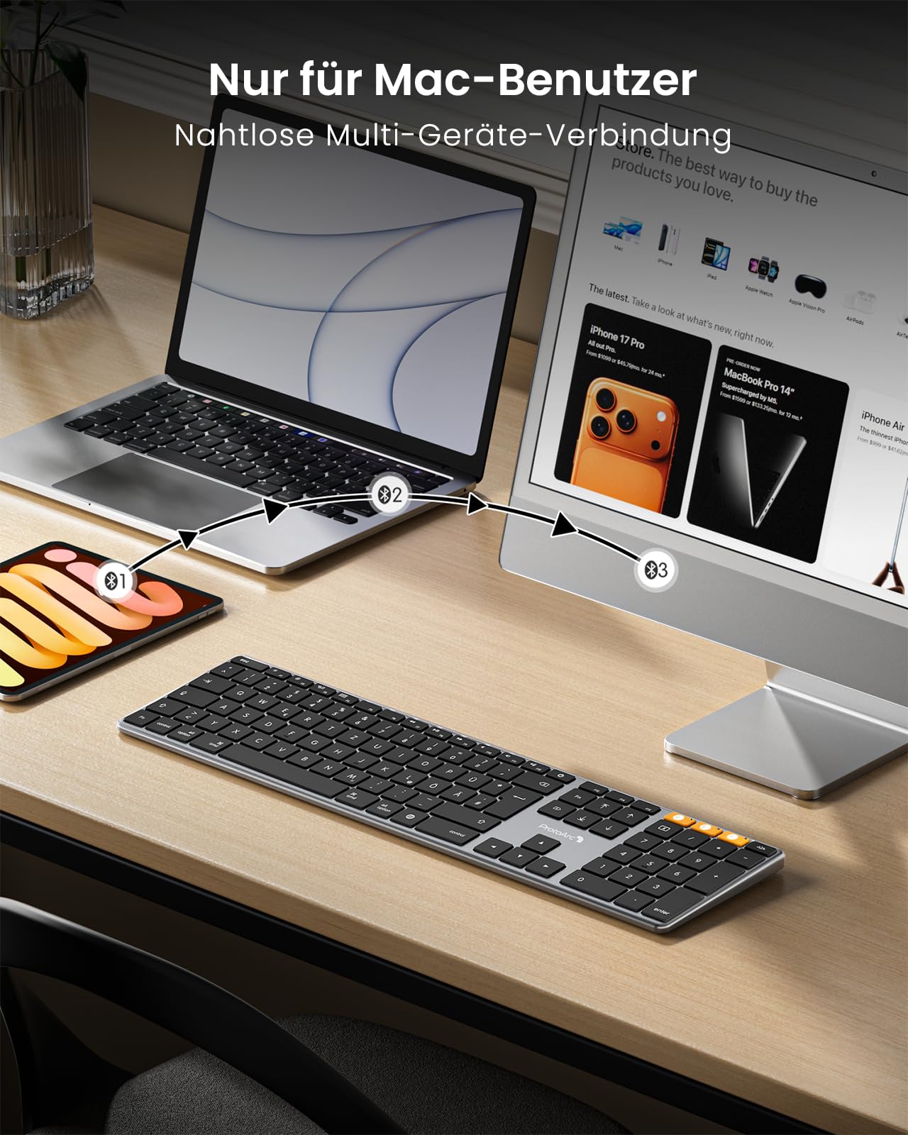 ProtoArc Beleuchtete Kabellose Tastatur für Mac, K110-A Aluminium-Bluetooth-Tastatur Full-Size, Mehrere Geräte, Flach, Wiederaufladbar, Funktastatur für MacBook Pro/Air, Mac mini, iPad 4