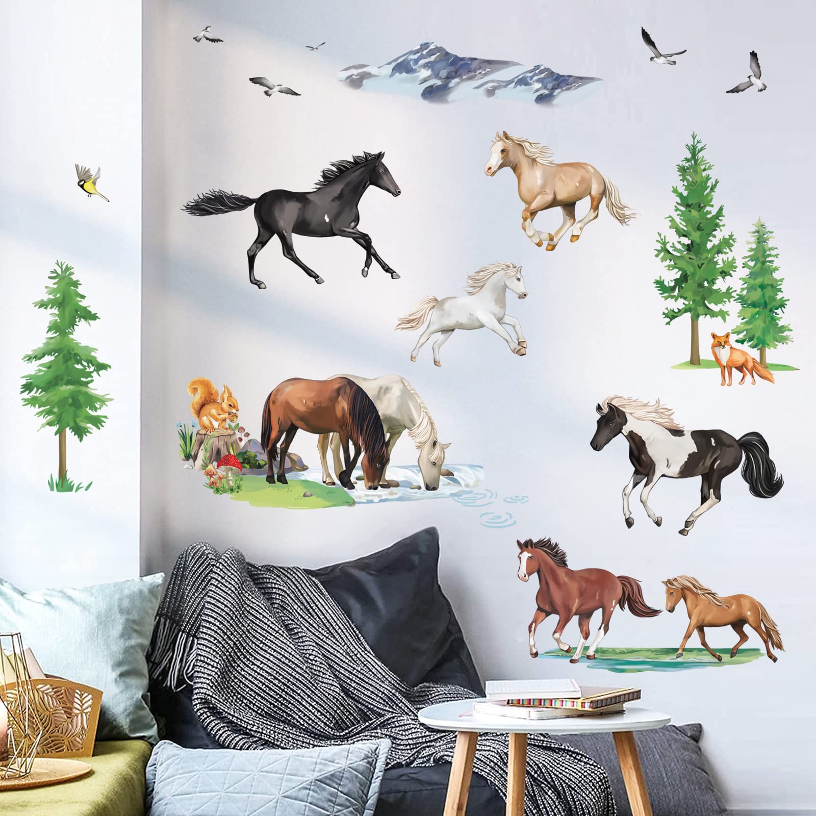 decalmile Farm Animal Wall Stickers Wild Horse in The Forest Wall Decals Kids Bedroom Playroom TV Background Wall Decor