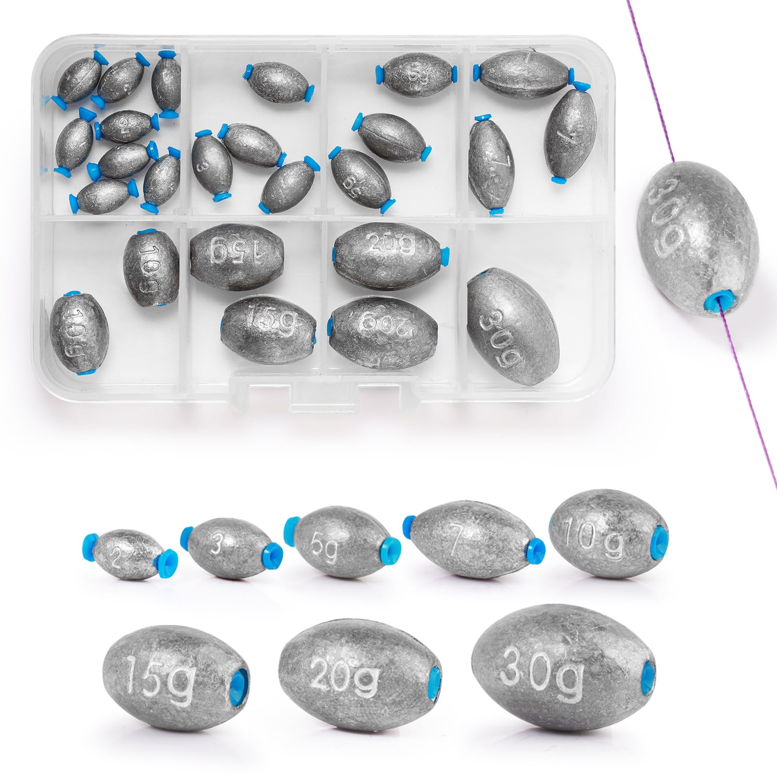 VEPEPE 25 Pcs Egg Shaped Sea Fishing Weights with Plastic Core, Drop Bass Weights Sinker Kit 8 Sizes,Casting Fishing Oval Sinkers, for Carp, River, Saltwater, Freshwater (8 Sizes, Egg Shaped) (25)