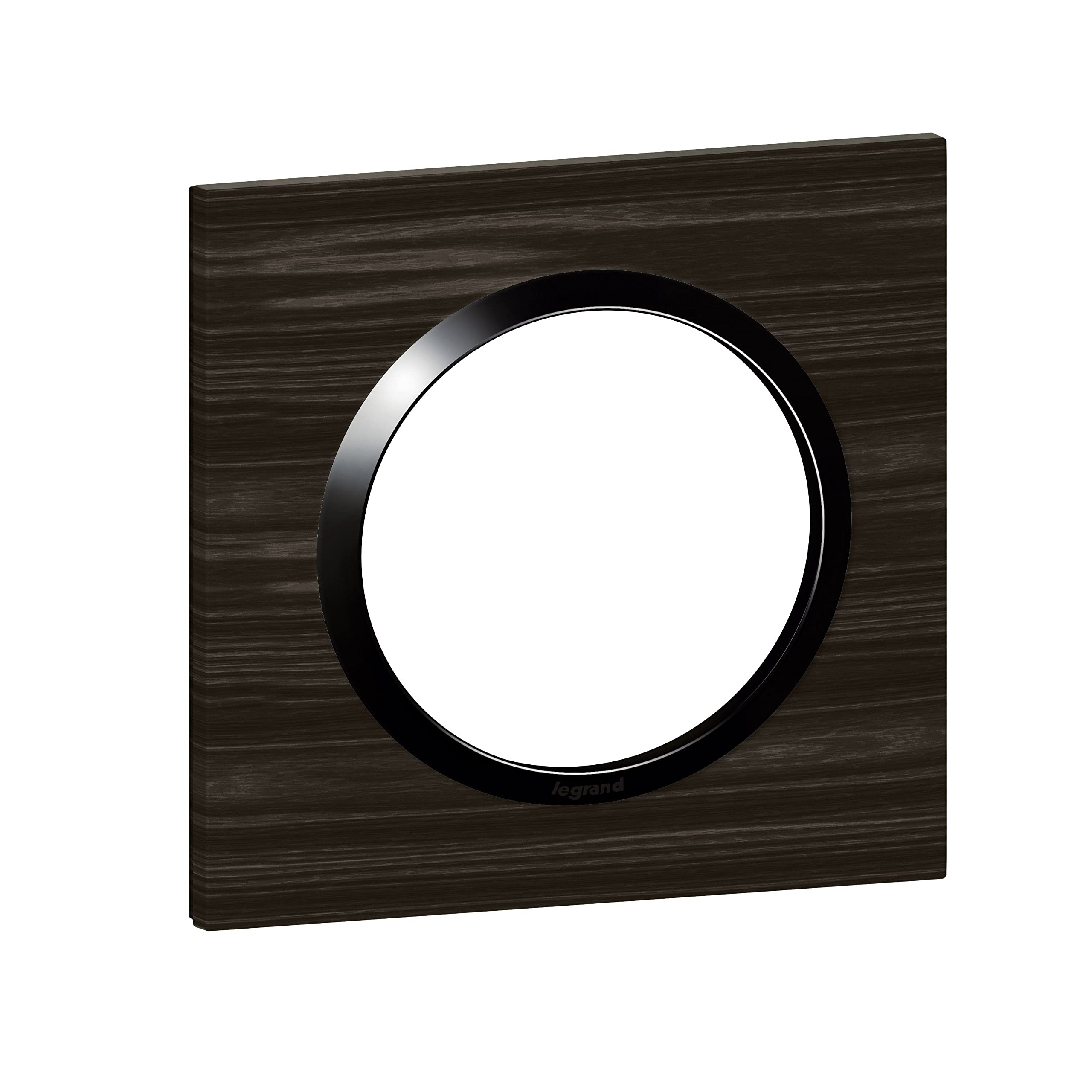 Legrand - Square dooxie 1 Hole Plate with Ebony Wood Effect Finish with Shiny Black Ring