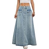 ebossy Women's Vintage Mid-Rise Multi-Pockets Flared Long Jean Skirts Pleated Flowy Swing A-line Denim Maxi Skirts