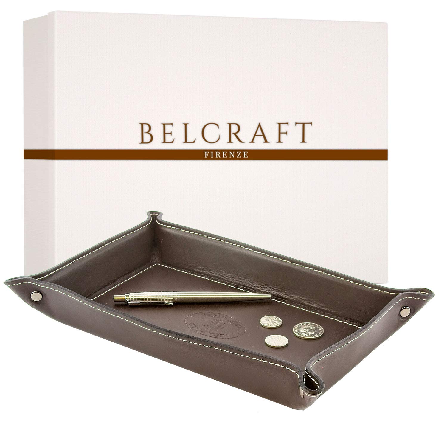 BELCRAFT Orvieto Leather Tidy Tray, Handmade Classic Italian Style, Key Wallet, Coin Box, Dark Brown (28x19 cm)