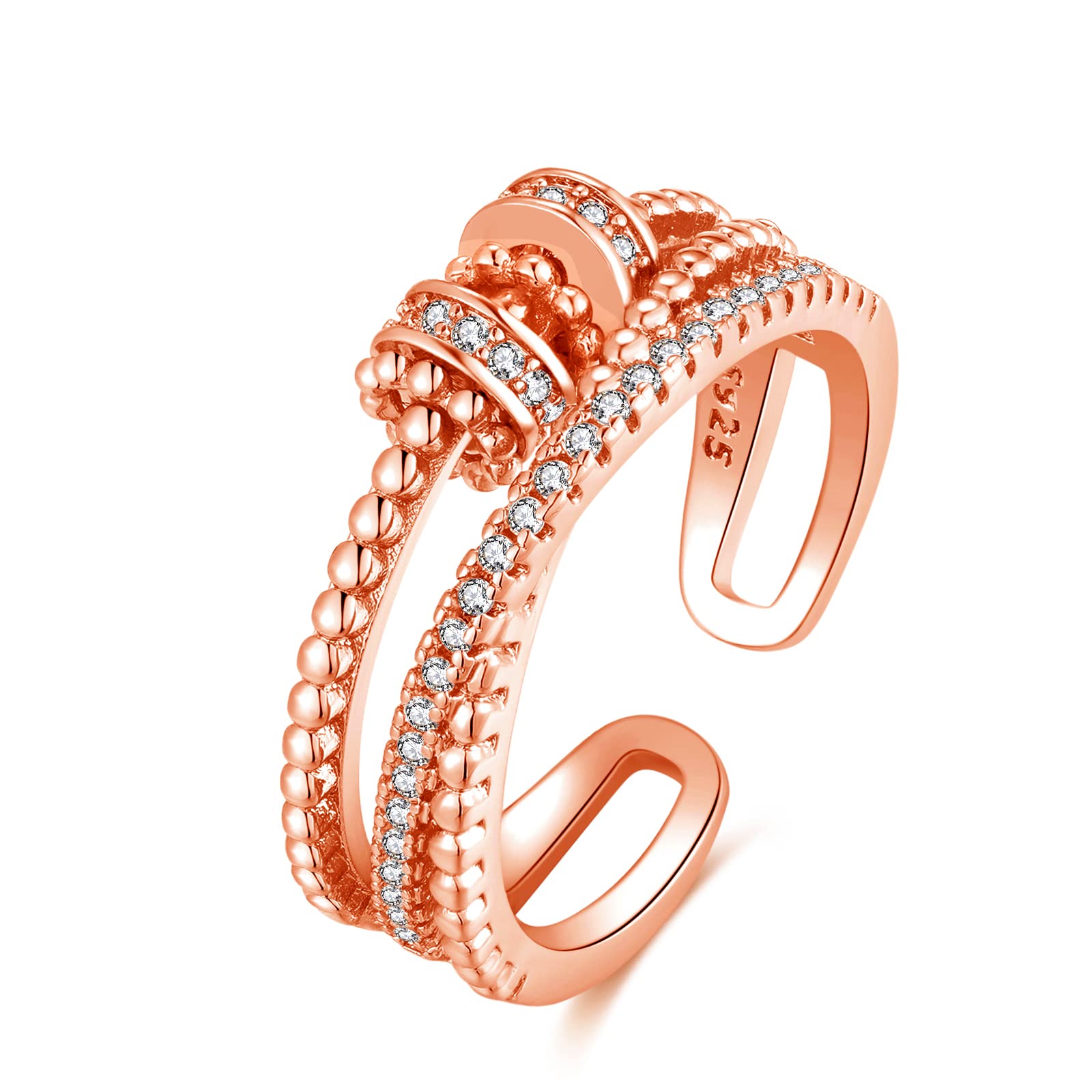 wynn's Silver Anxiety Rings, Sterling Silver Fidget Ring for Women, Adjustable Fidget Ring Anxiety Relief Rings, Cubic Zirconia Stress Reliever Spinner Ring for Anxiety Women, Rose Gold Anxiety Rings