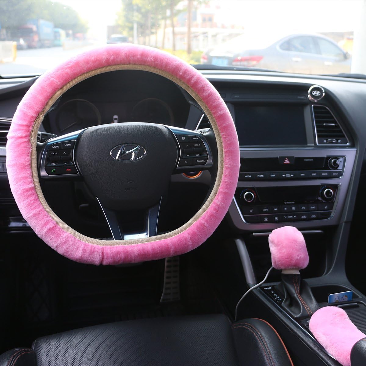HLZDH Winter Warm Fashion Steering Wheel Faux Wool Handbrake Cover Gear Shift Cover Steering Wheel Cover Diameter 36 cm-40 cm 1 Set 3 Pcs (Pink)