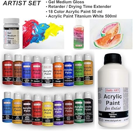 Daily Art Acrylfarbe Kit 18 X 50 Ml Weiss 500 Ml Verzogerer Trocknungszeit Extender 50 Ml Gel Medium 100 Ml Fur Kunstler Und Studenten Profis Und Anfanger Malerei Leinwand Holz Und