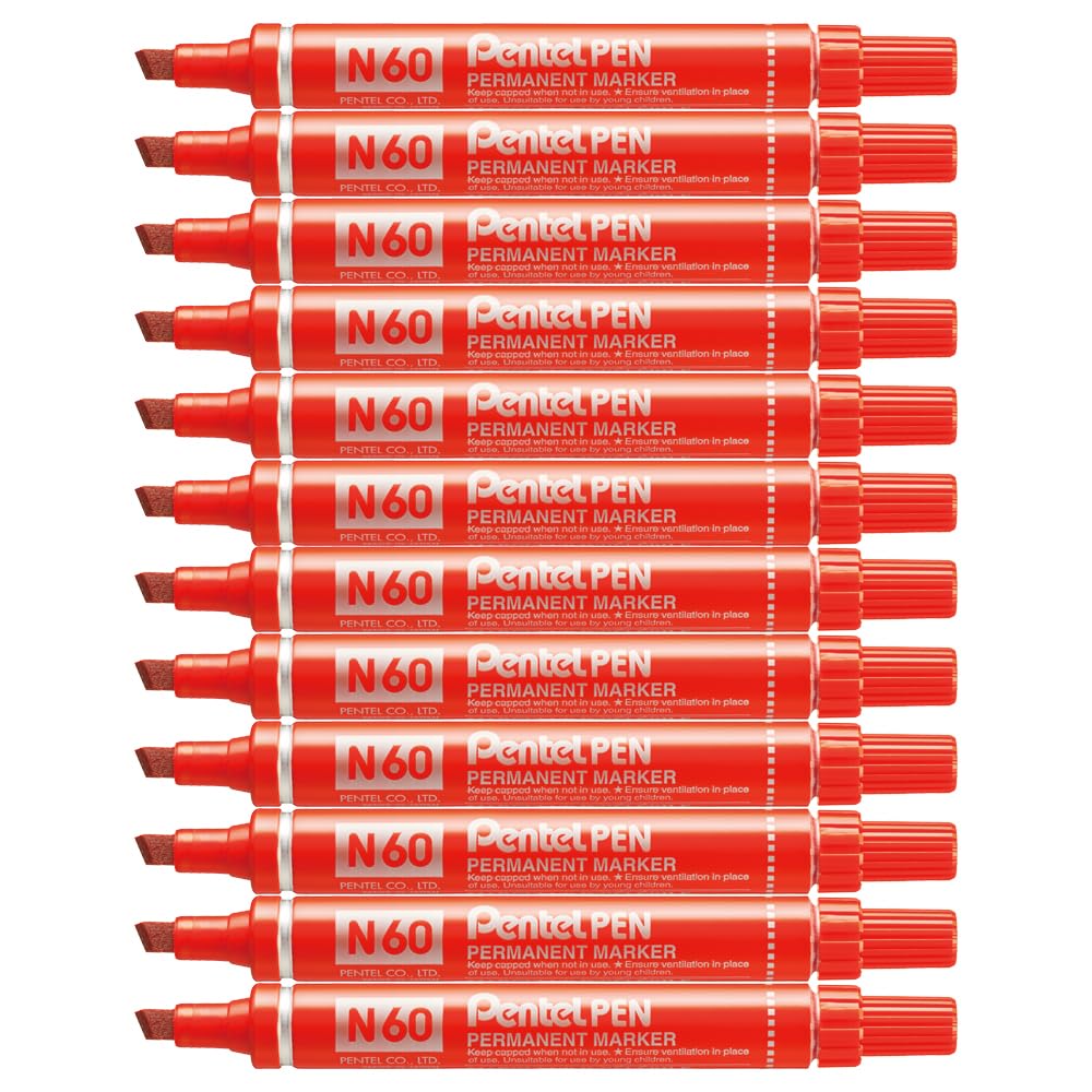 Pentel N60 Permanent Marker Chisel Tip Max.6mm Line Red Ref N60-B [Pack of 12]