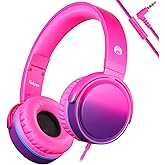 rockpapa Grade Wired Headphones with Microphone, Lightweight Foldable Stereo Bass Headphones with No-Tangle Cord & 3.5mm Jack for Women/Kids, Laptop Tablet Airplane Chromebooks Pink