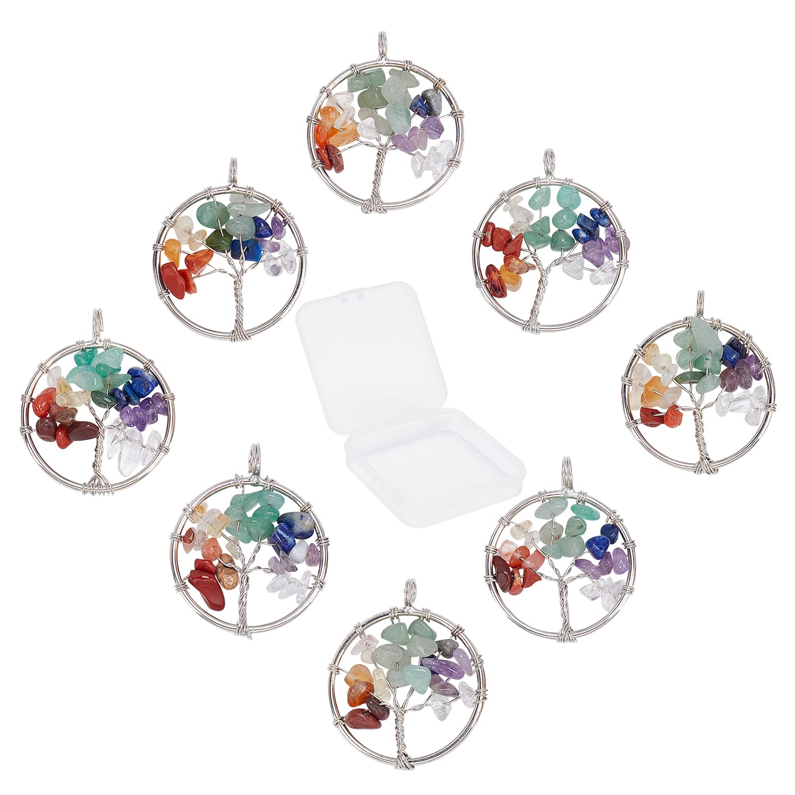 SUNNYCLUE 8Pcs Tree Life Pendant Quartz Crystal Gemstone Pendant Flat Round with Tree of Life Charm Pendants Findings Hole for Jewelry Bracelet Chakra Necklace Making, Sliver