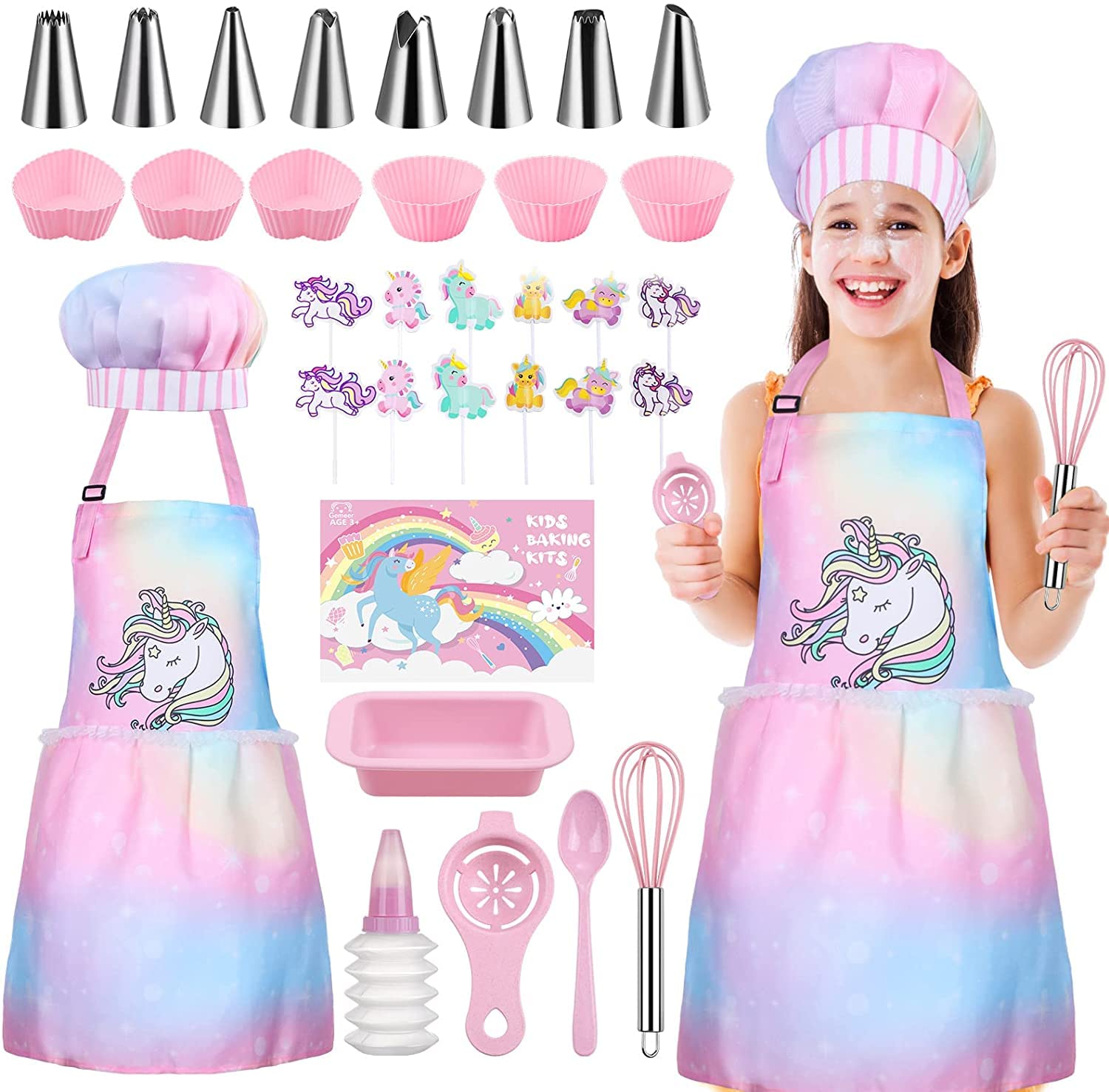 Gemeer Children’s Cooking and Baking Set 34 Pcst, Including Apron, Chef Hat, Gloves and Toddler Dress up Chef Costume Professional Role Play