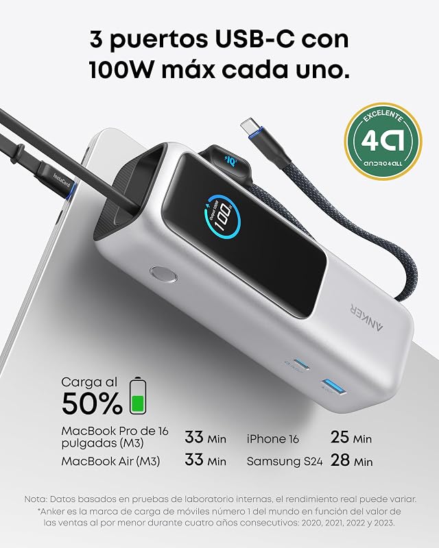 Zolo Power Bank (25K, 165W, USB-C incorporado e cabo retrátil) carregador portátil de alta velocidade, 1 USB-C, 1 USB-A, bateria para iPhone 16/15/15 Pro/15 Pro Max/15 Plus, MacBook, Galaxy e mais