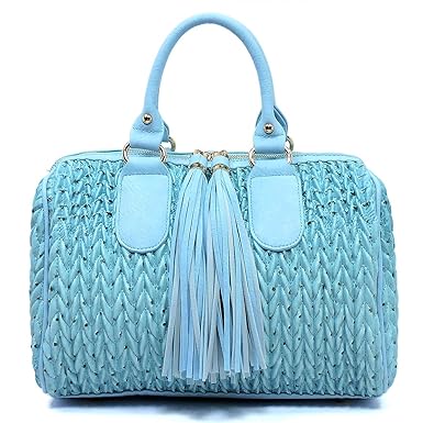 HR Republic Handbag Republic Quilted/Braided Effect, Boston Satchel w/Fringe Pulls + Strap- Large+ (Ostrich Blue)