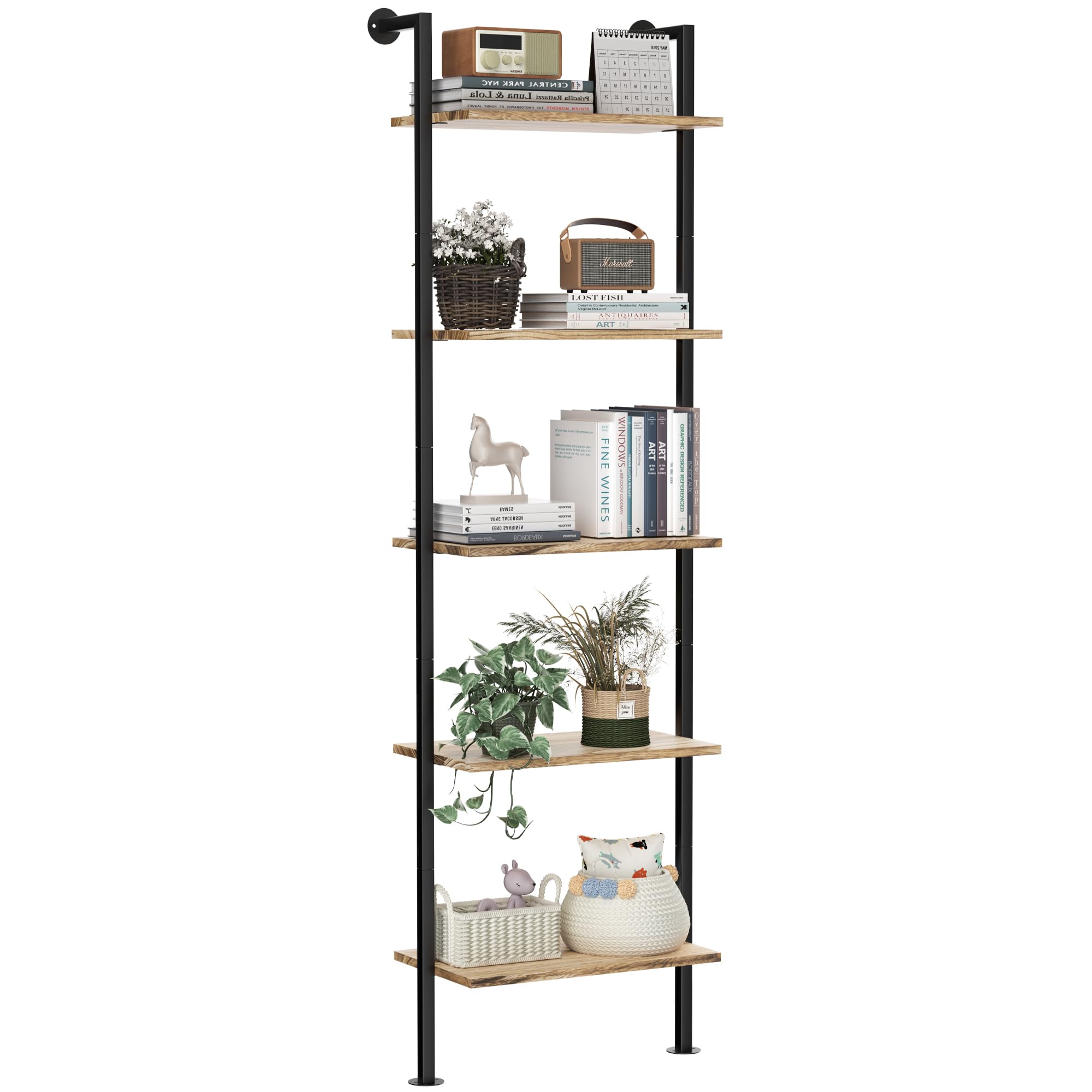 Photo 1 of 5-Tier Bookshelf Solid Wood Ladder Shelf, Narrow Book shelf Display Shelf, Wooden Ladder Shelf Bookcase, Wall Mount Ladder Shelf, Storage Rack for Living Room, Bedroom, Industrial Style, Rustic Brown