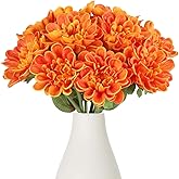 IPOPU Orange Chrysanthemum Artificial Flowers 10pcs Fake Mums 13inch Faux PU Dahlia Flower Dahlia Flower with Stem for Home Wedding Office Table Centerpiece Floral Arrangement Decor(Orange)