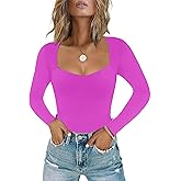 Chunpin Women's Sexy Sweetheart Neckline Bodysuit Tops Long Sleeve Double Lined Thong Bodysuit Outfits Hot Pink XXL