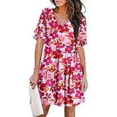AUNEAL Summer Dresses for Women 2026 Loose V Neck Ruffle Sleeve Tiered Flowy Casual A Line Mini Beach Dress with Pockets