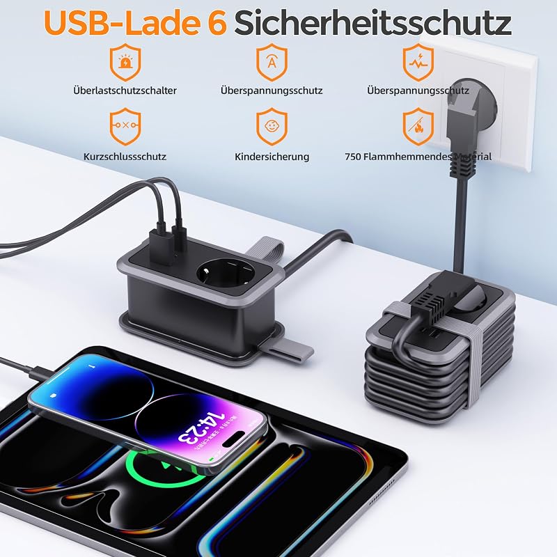 PD20W Multiprise de voyage, 4 en 1, avec USB et type C, 3680 W 16 A, adaptateur de prise, multiprise avec câble de données pour tablettes iPad iPhone, gris — photo 4 sur 7