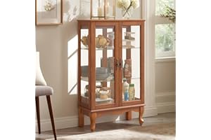 Eyisean 44" H Lighted Glass Display Cabinet with Glass Doors, Wooden Curio Cabinet with 3 Adjustable Shelves, Mirrored Back Panel, Arched China Cabinet for Living Room, Light Bulb Included (Dark Oak)