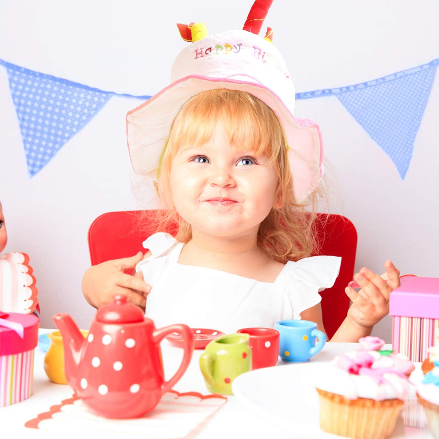 Novelty Place Pink Plush Happy Birthday Cake Hat - Unisex Adult Size Fancy Dress Party Hats - Perfect as Party Favors, Costume Accessories - Cake & 5 Multicolor Candles: Toys & Games