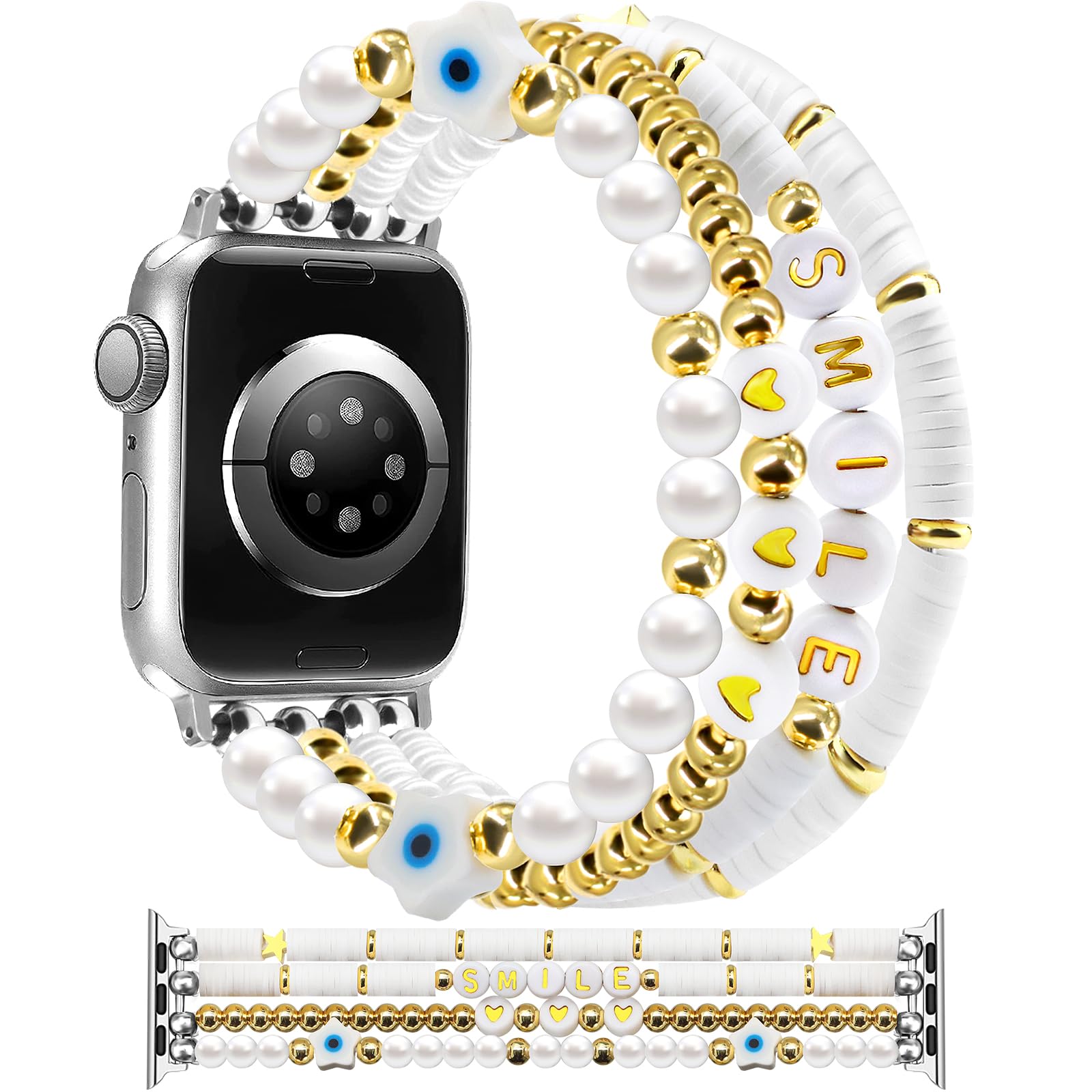 Newlibery Beaded Bracelets Compatible with Apple Watch Band 38mm 40mm 41mm 42mm (S10) Women Cute Fancy Preppy Handmade Elastic Stretch Strap for iWatch Series 10/9/8/7/6/5/4/3/2/1/SE/Ultra (M)