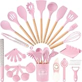 Astercook Kitchen Utensils set, 39 PCS Silicone Cooking Utensils Set with Wooden Handle, 446&deg;F Heat Resistant Food Grade Utensil Sets, BPA Free Kitchen Gadgets Tools Set for Nonstick Cookware (Pink)